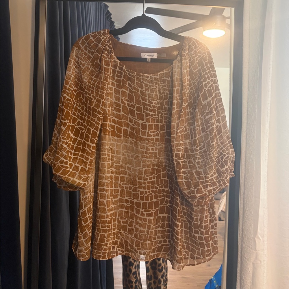 Calvin Klein Tan and White Giraffe Print Top